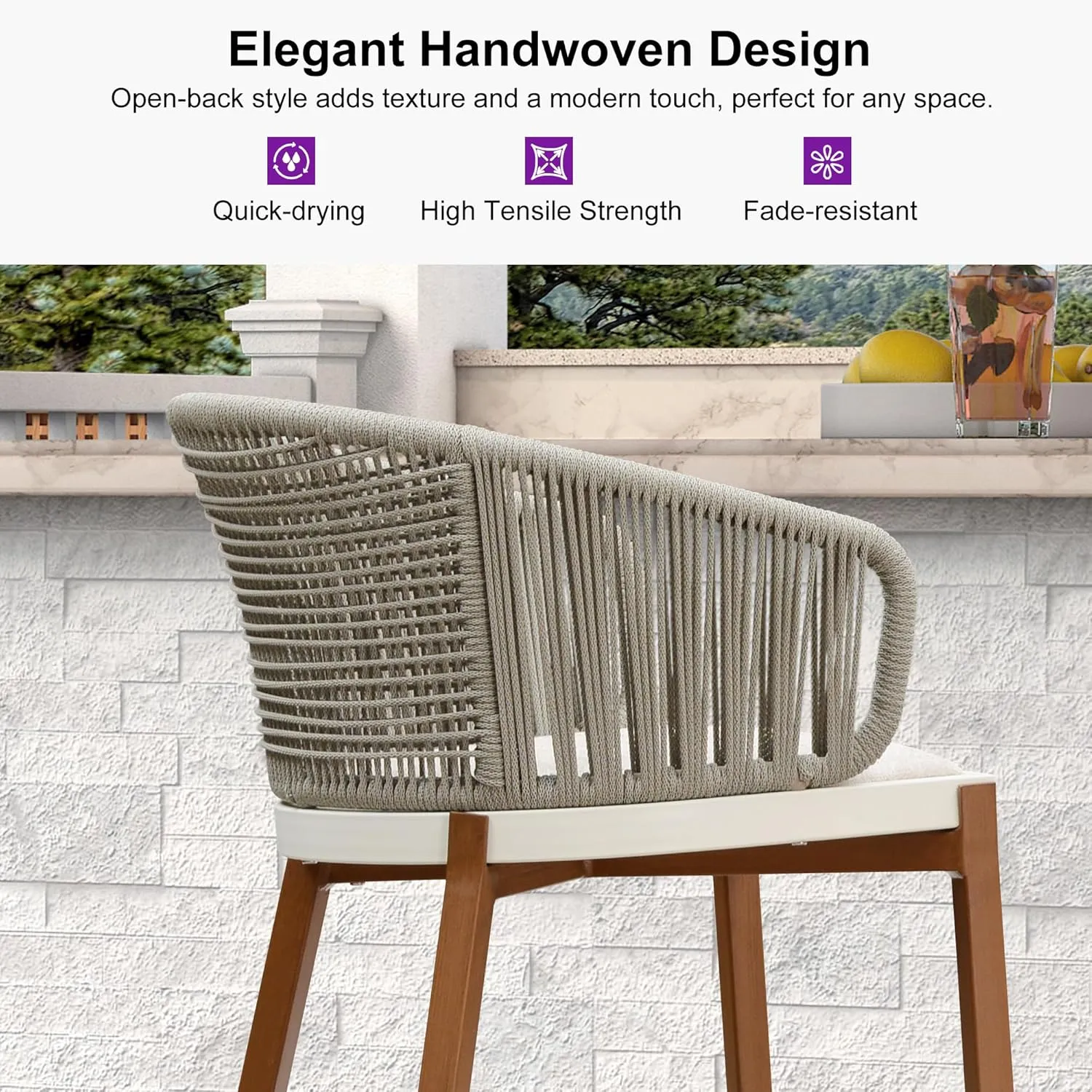 PURPLE LEAF Outdoor Rattan Counter Height Bar Stools Set of 2 Modern Patio Aluminum Woven Counter Chairs with Wicker Wraparound Back with Armrest for Kitchen Indoor Teak
