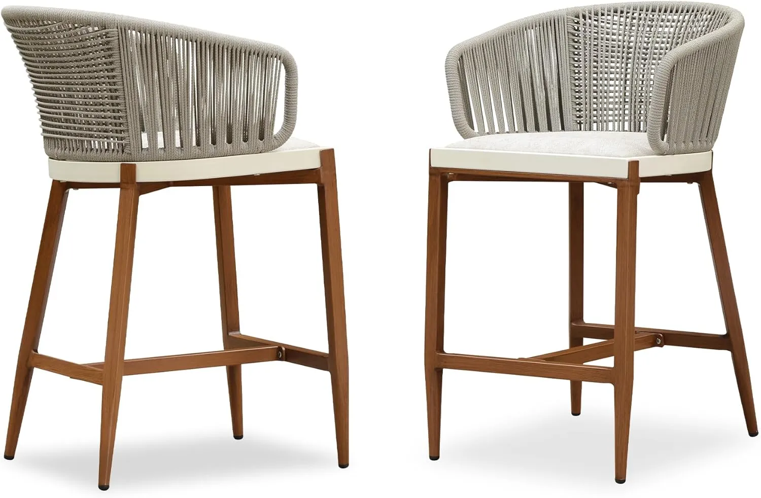 PURPLE LEAF Outdoor Rattan Counter Height Bar Stools Set of 2 Modern Patio Aluminum Woven Counter Chairs with Wicker Wraparound Back with Armrest for Kitchen Indoor Teak
