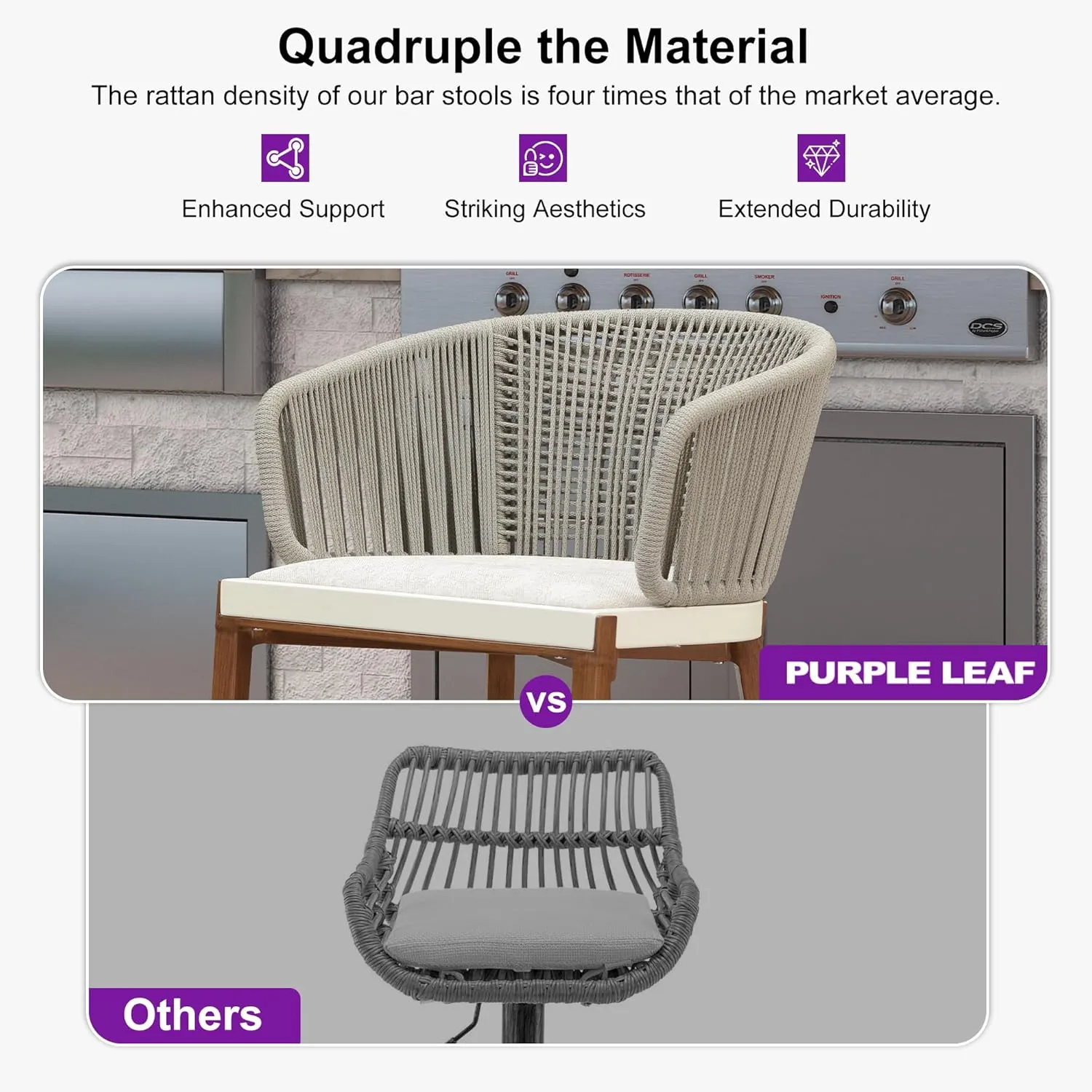 PURPLE LEAF Outdoor Rattan Counter Height Bar Stools Set of 2 Modern Patio Aluminum Woven Counter Chairs with Wicker Wraparound Back with Armrest for Kitchen Indoor Teak