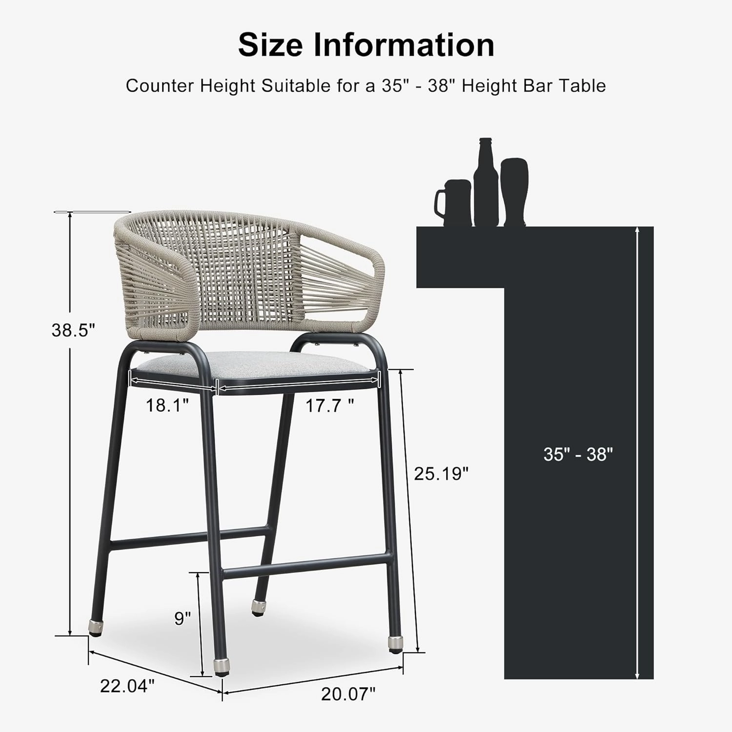 PURPLE LEAF Outdoor 26 Inch Rattan Counter Height Bar Stools Set of 2 Modern Patio Metal Wicker Aluminum Woven Counter Bar Chairs with Wraparound Back with Armrest for Kitchen Garden Indoor Gray