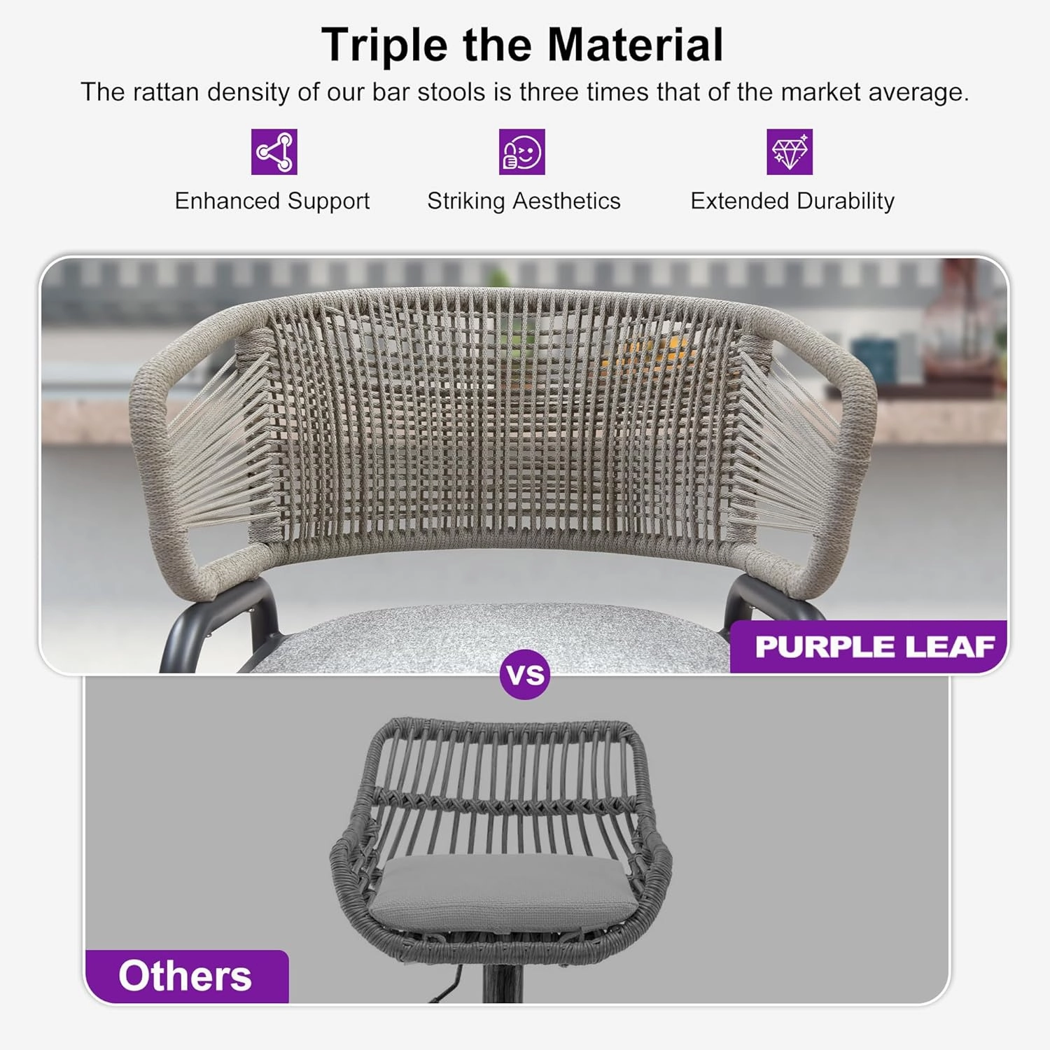 PURPLE LEAF Outdoor 26 Inch Rattan Counter Height Bar Stools Set of 2 Modern Patio Metal Wicker Aluminum Woven Counter Bar Chairs with Wraparound Back with Armrest for Kitchen Garden Indoor Gray