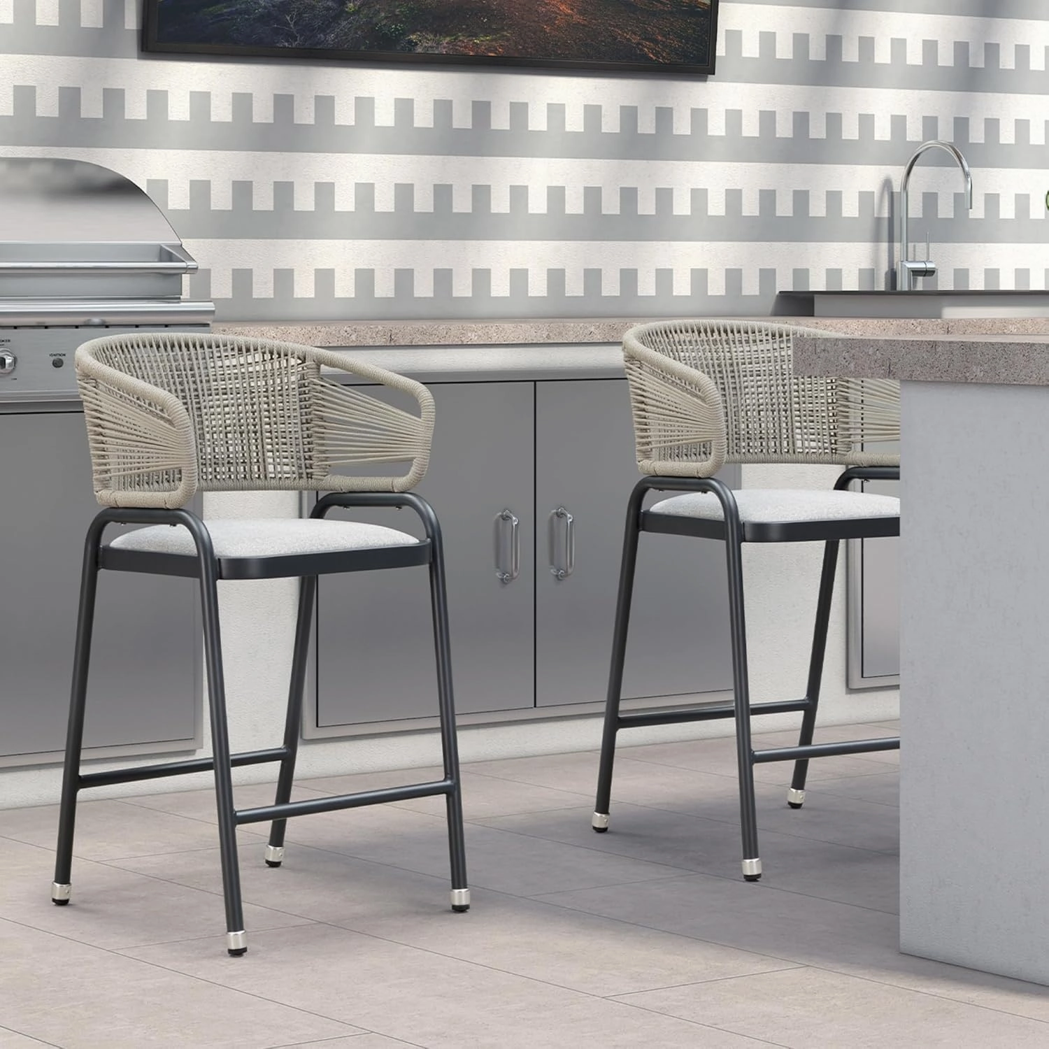PURPLE LEAF Outdoor 26 Inch Rattan Counter Height Bar Stools Set of 2 Modern Patio Metal Wicker Aluminum Woven Counter Bar Chairs with Wraparound Back with Armrest for Kitchen Garden Indoor Gray