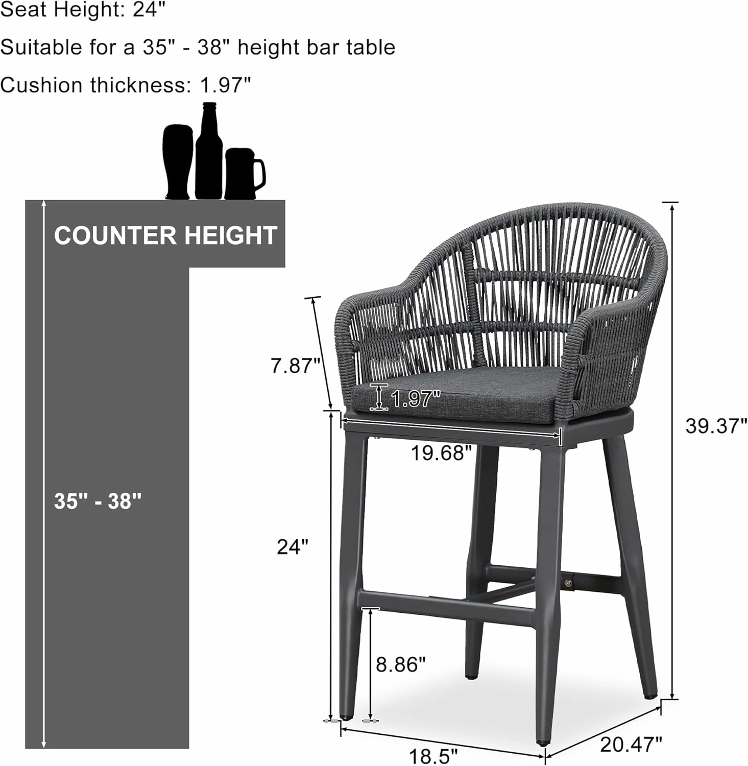 PURPLE LEAF Outdoor Counter Height Bar Stools Set of 2 Patio Metal Modern Wicker Rattan Bar Chairs Woven Aluminum Barstools with Back and Cushions for Balcony Garden Indoor Kitchen Outside Gray