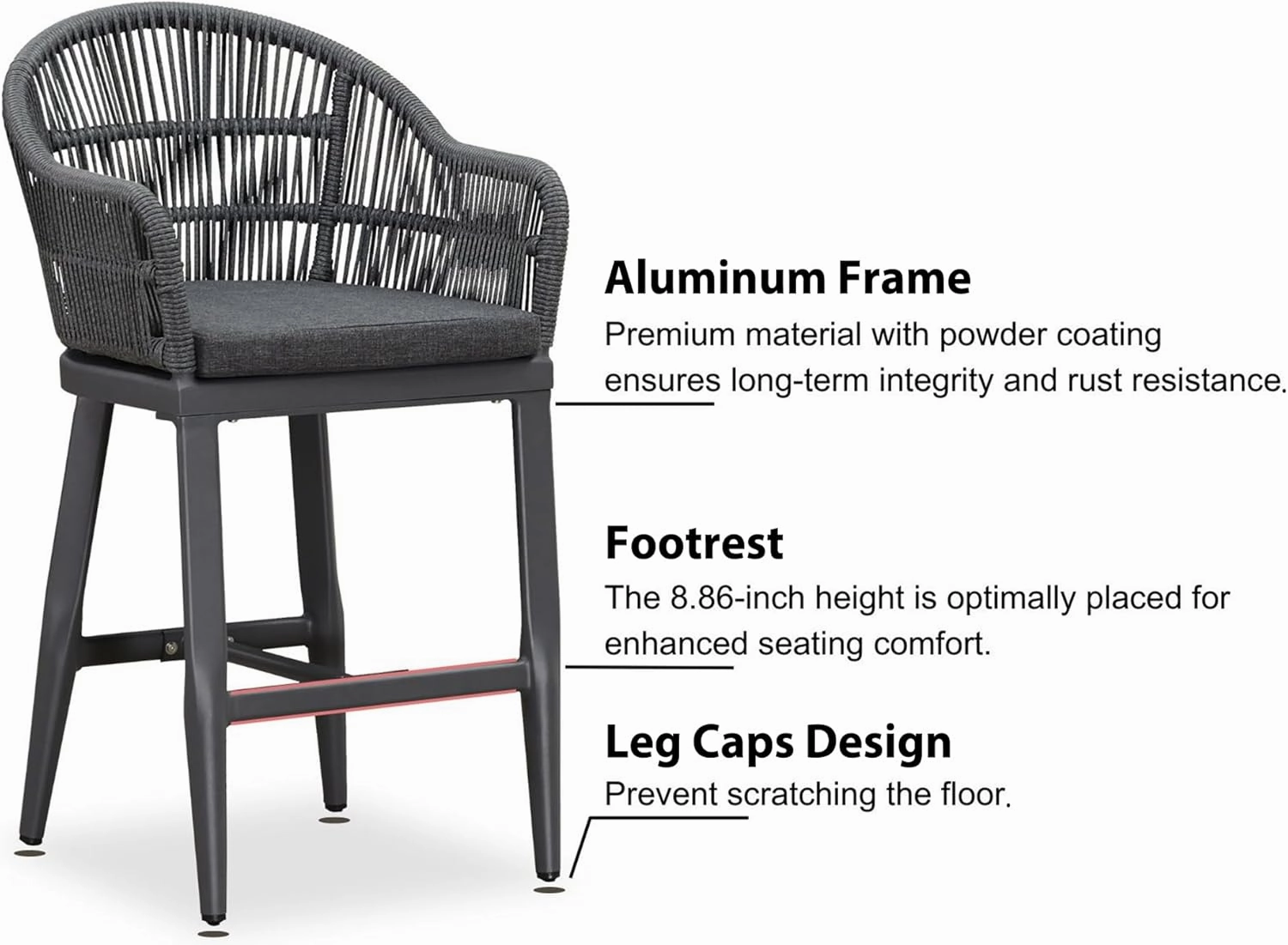 PURPLE LEAF Outdoor Counter Height Bar Stools Set of 2 Patio Metal Modern Wicker Rattan Bar Chairs Woven Aluminum Barstools with Back and Cushions for Balcony Garden Indoor Kitchen Outside Gray