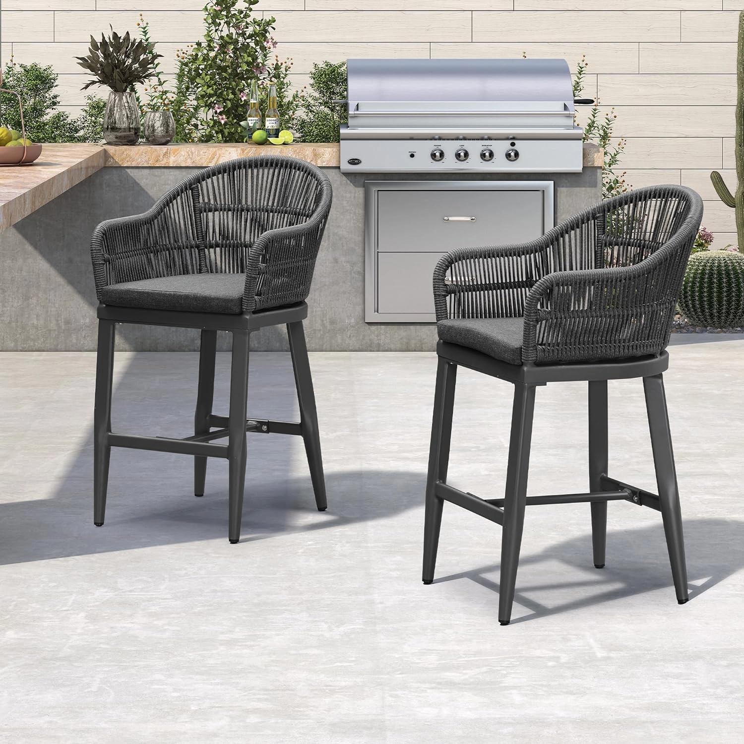 PURPLE LEAF Outdoor Counter Height Bar Stools Set of 2 Patio Metal Modern Wicker Rattan Bar Chairs Woven Aluminum Barstools with Back and Cushions for Balcony Garden Indoor Kitchen Outside Gray