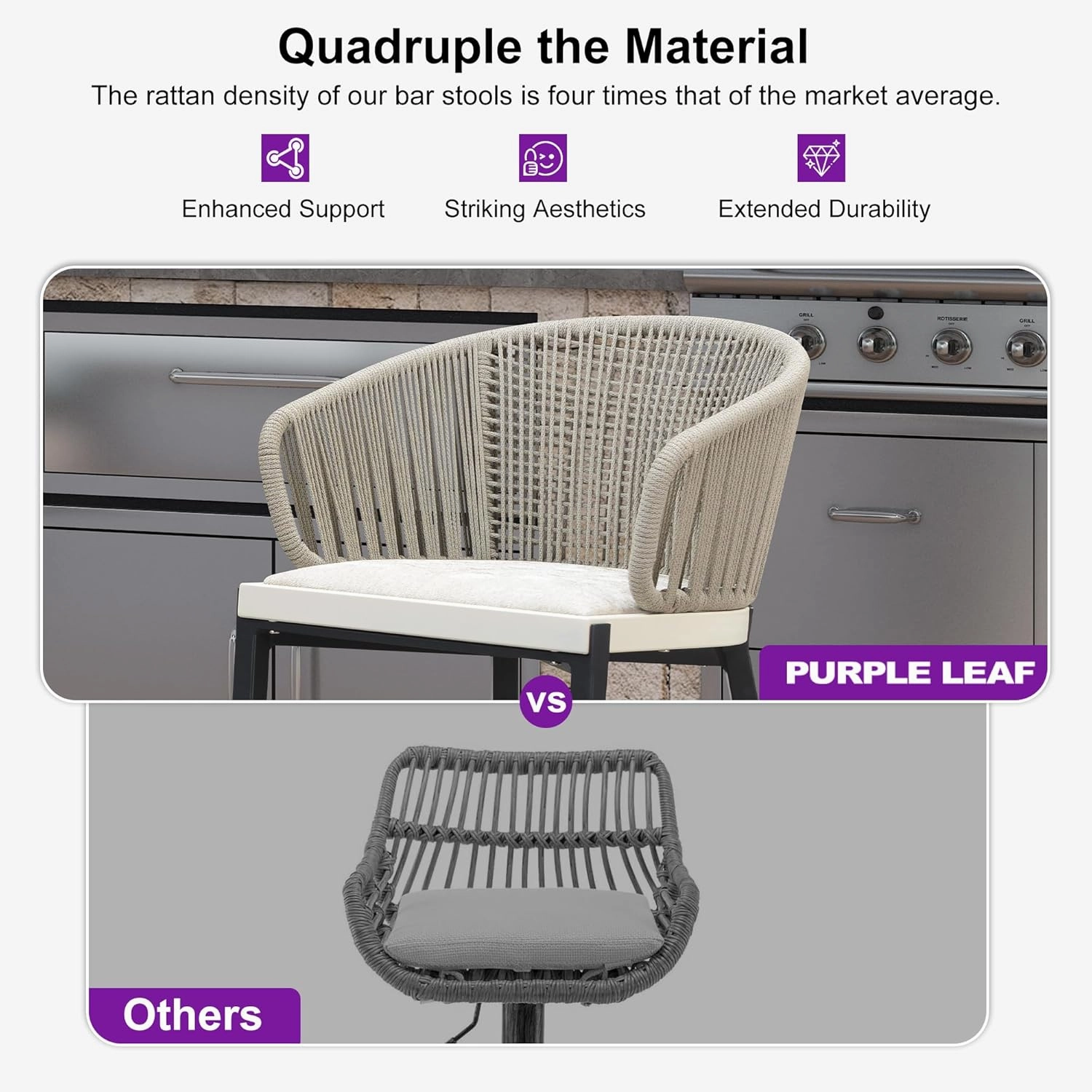 PURPLE LEAF Outdoor Rattan Counter Height Bar Stools Set of 2 Modern Patio Aluminum Woven Counter Chairs with Wicker Wraparound Back with Armrest for Kitchen Indoor Gray