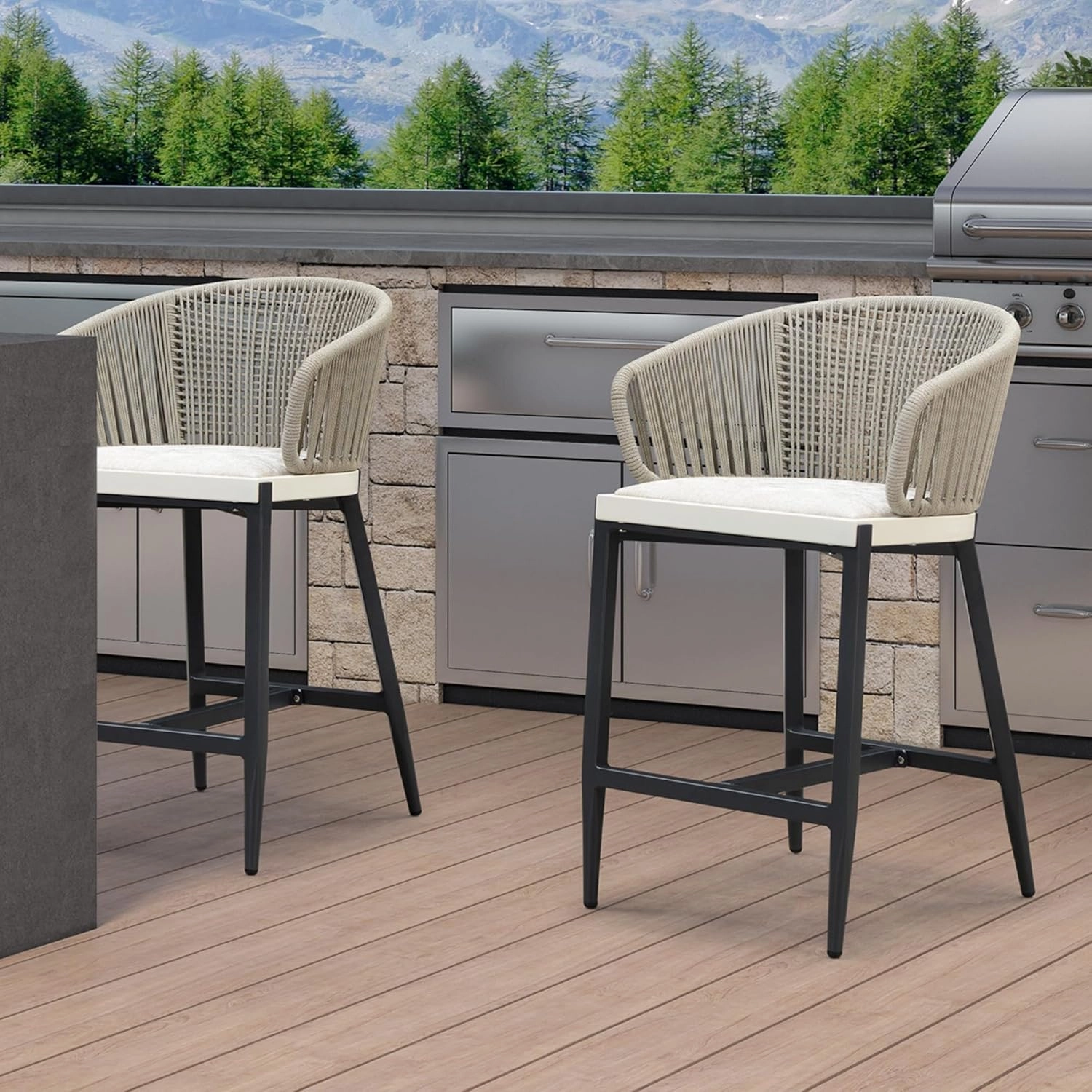 PURPLE LEAF Outdoor Rattan Counter Height Bar Stools Set of 2 Modern Patio Aluminum Woven Counter Chairs with Wicker Wraparound Back with Armrest for Kitchen Indoor Gray