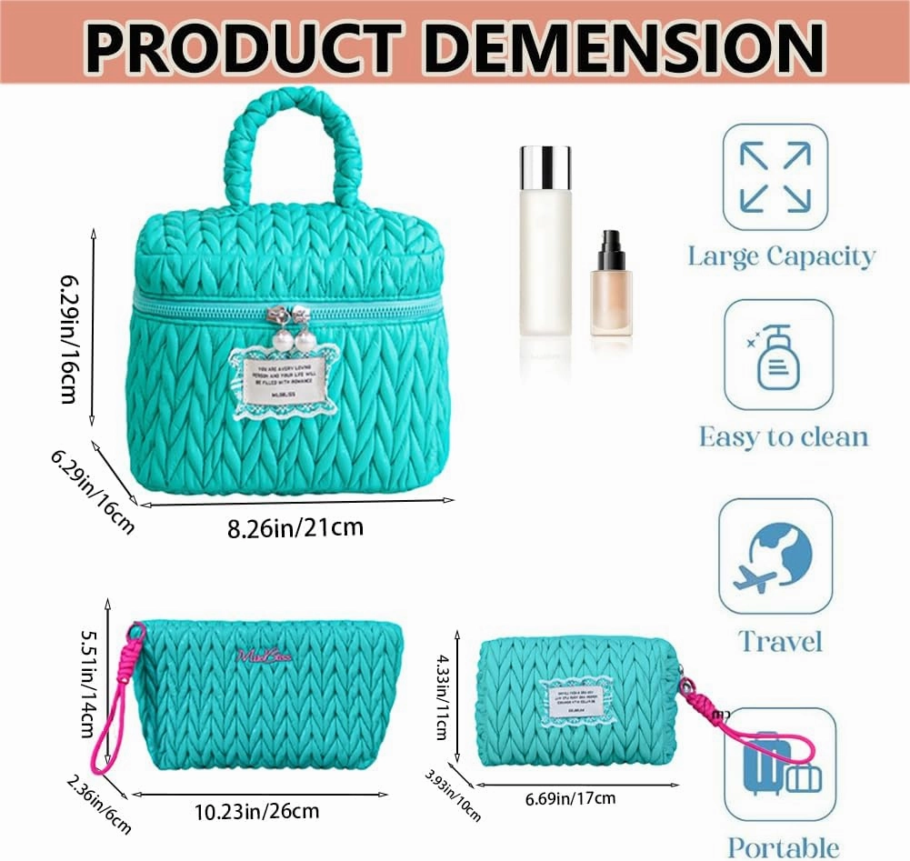 Quilted Makeup Bag Set with Handle, 3 Piece Travel Cosmetic Organizer, Large Capacity Toiletry Cases (Green)