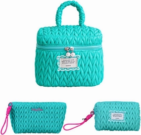 Quilted Makeup Bag Set with Handle, 3 Piece Travel Cosmetic Organizer, Large Capacity Toiletry Cases (Green)