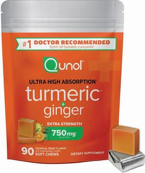 Qunol Turmeric and Ginger Soft Chews, 750mg Turmeric Supplement, Ultra High Absorption to Support Joint Health, 90 Count