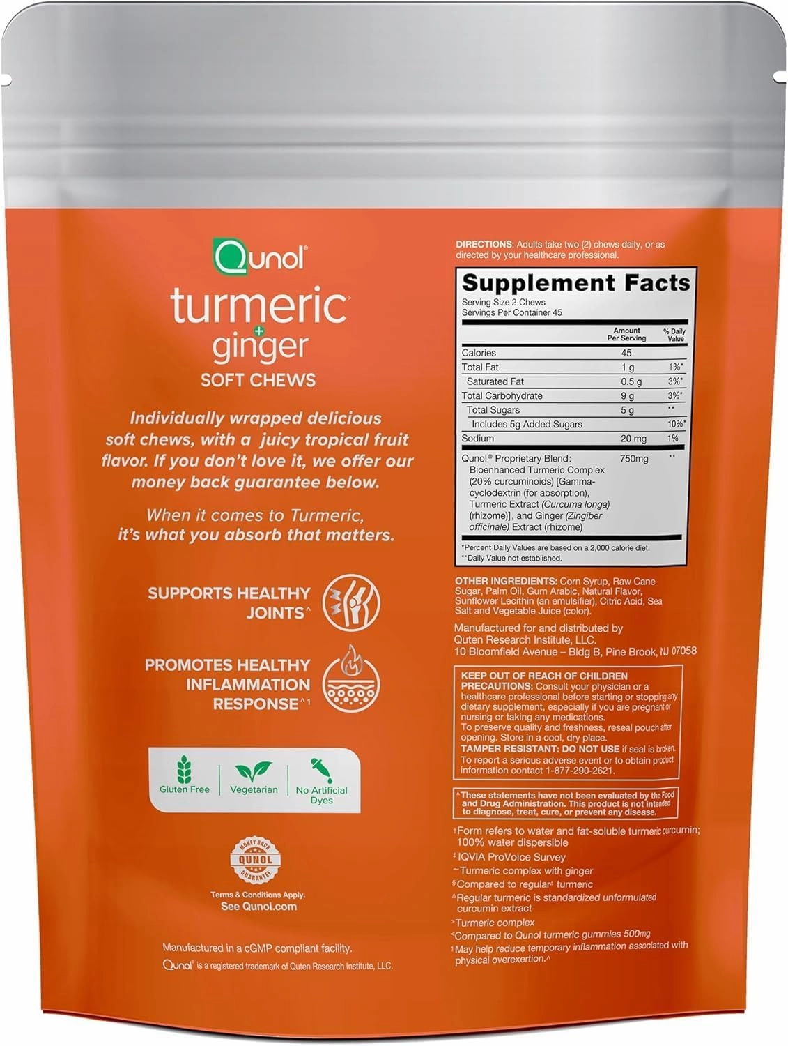 Qunol Turmeric and Ginger Soft Chews, 750mg Turmeric Supplement, Ultra High Absorption to Support Joint Health, 90 Count