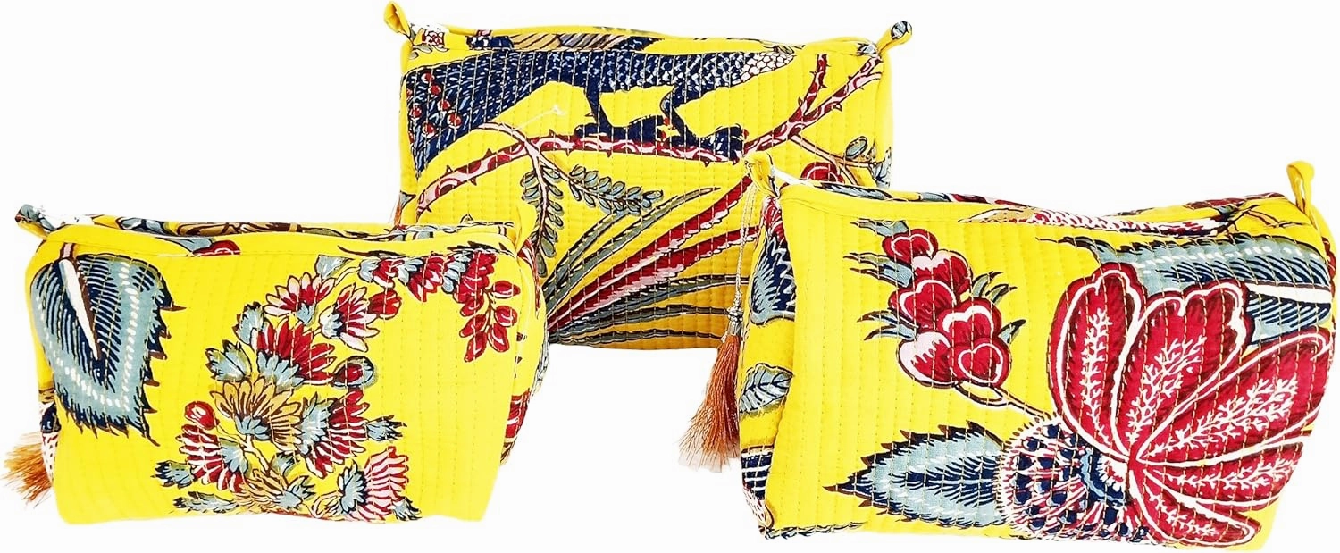 Rastogi Handicrafts Cosmetic Bags Set, 3 Piece Make Up Organizer Bag Storage Bags with Zipper Closure (3, Yellow, Design-8)