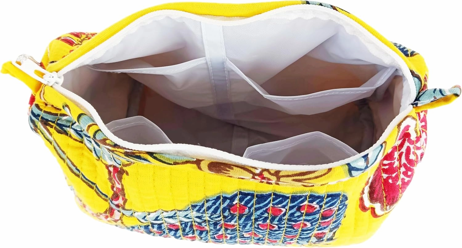 Rastogi Handicrafts Cosmetic Bags Set, 3 Piece Make Up Organizer Bag Storage Bags with Zipper Closure (3, Yellow, Design-8)