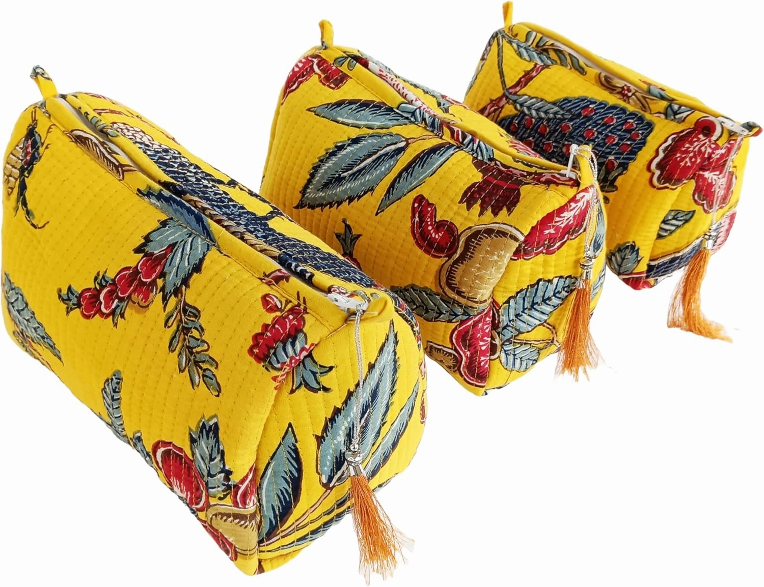 Rastogi Handicrafts Cosmetic Bags Set, 3 Piece Make Up Organizer Bag Storage Bags with Zipper Closure (3, Yellow, Design-8)