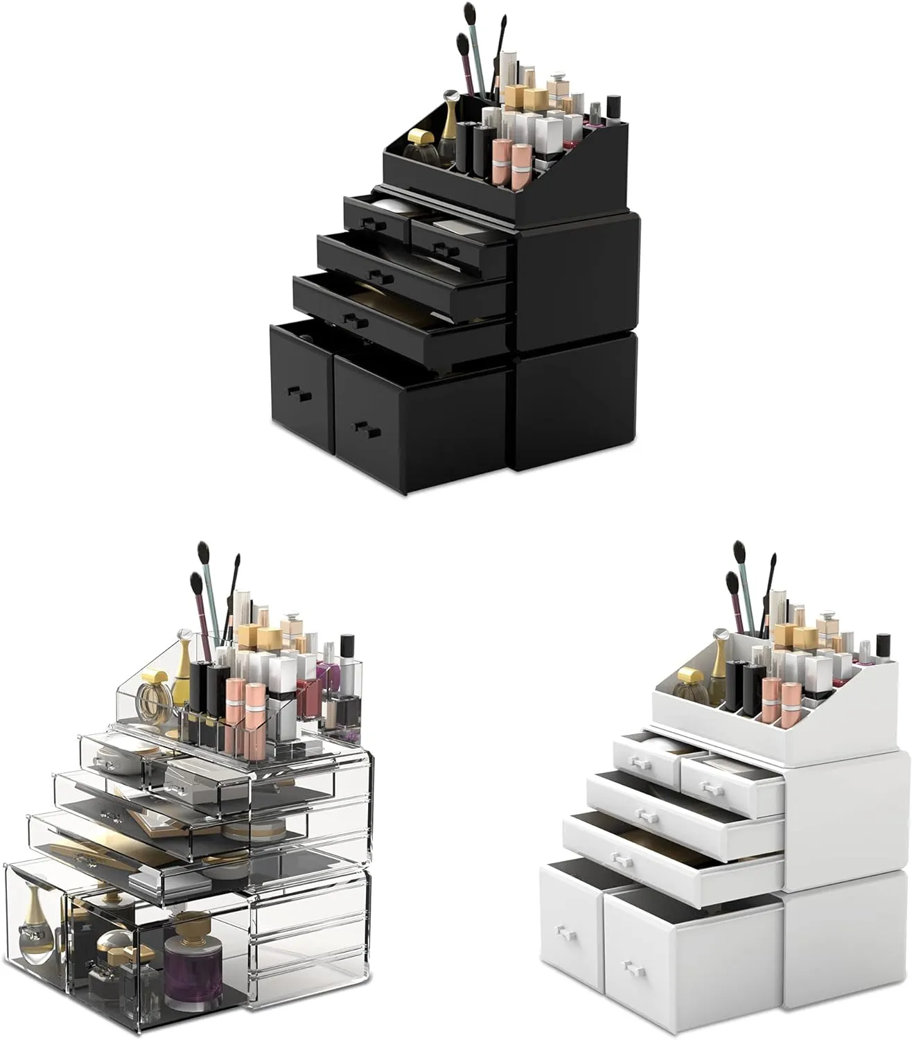 READAEER Makeup Organizer 3 Pieces Cosmetic Storage Case with 6 Drawers (White)