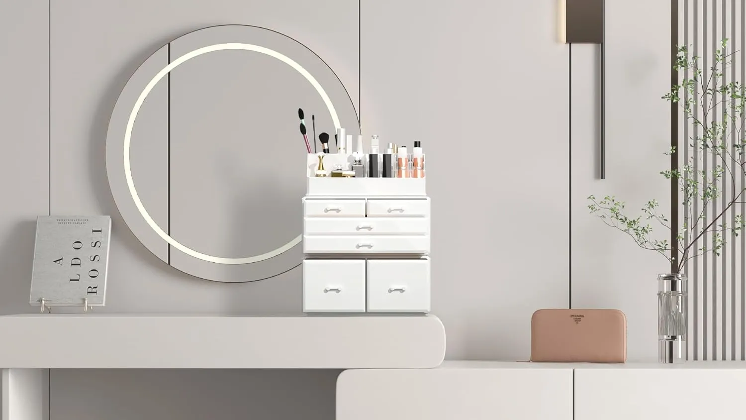 READAEER Makeup Organizer 3 Pieces Cosmetic Storage Case with 6 Drawers (White)