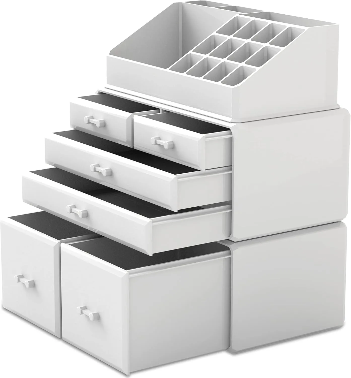 READAEER Makeup Organizer 3 Pieces Cosmetic Storage Case with 6 Drawers (White)
