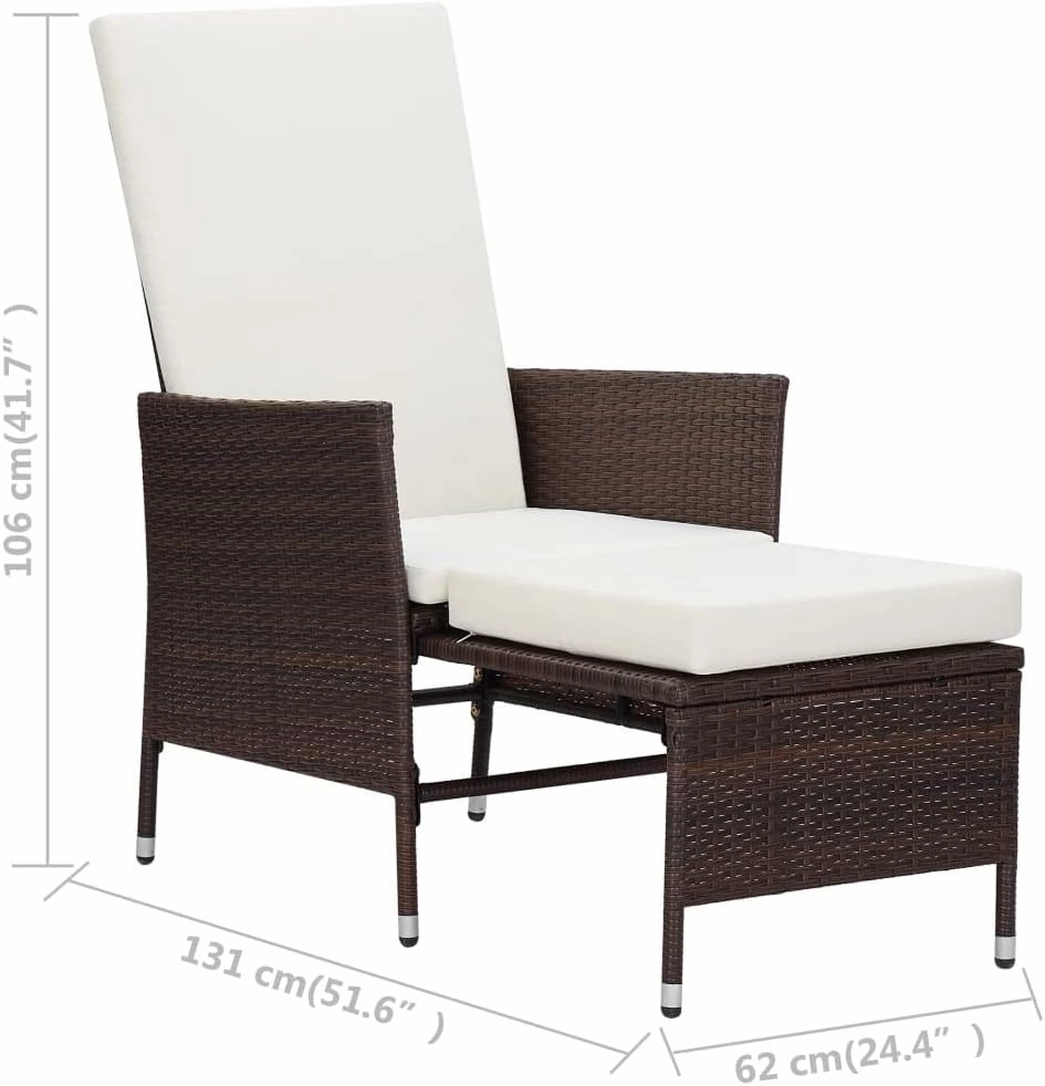 Reclining Patio Chair with Cushions Brown PE Rattan Outdoor Lounge Chair with Footrest and Adjustable Backrest for Relaxation in Garden, Patio, Beach, and Camping