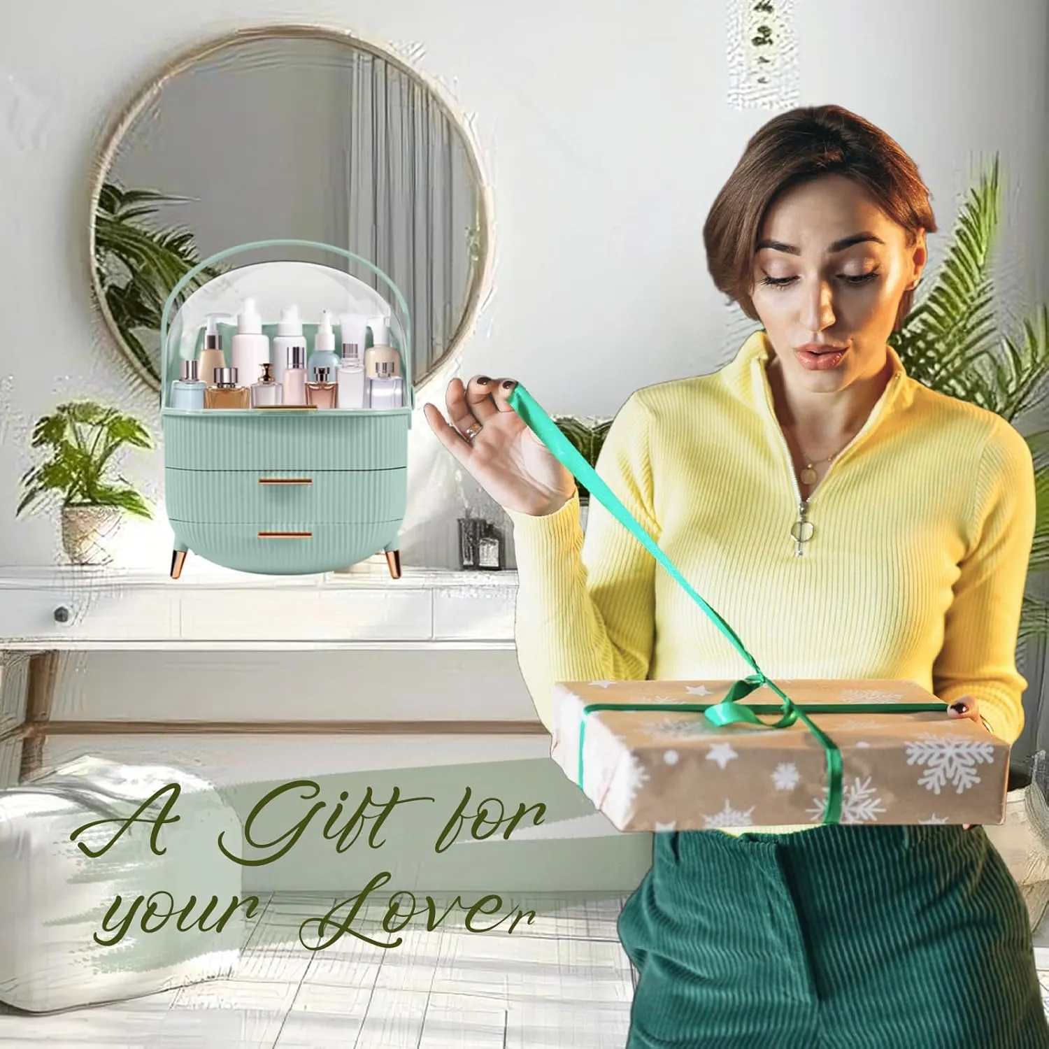RMAN Makeup Organizer for Vanity Make up and Cosmetics Storage with Lid and Drawers Skincare Organizers Display Cases for Countertop Bathroom Dresser(Light Green)
