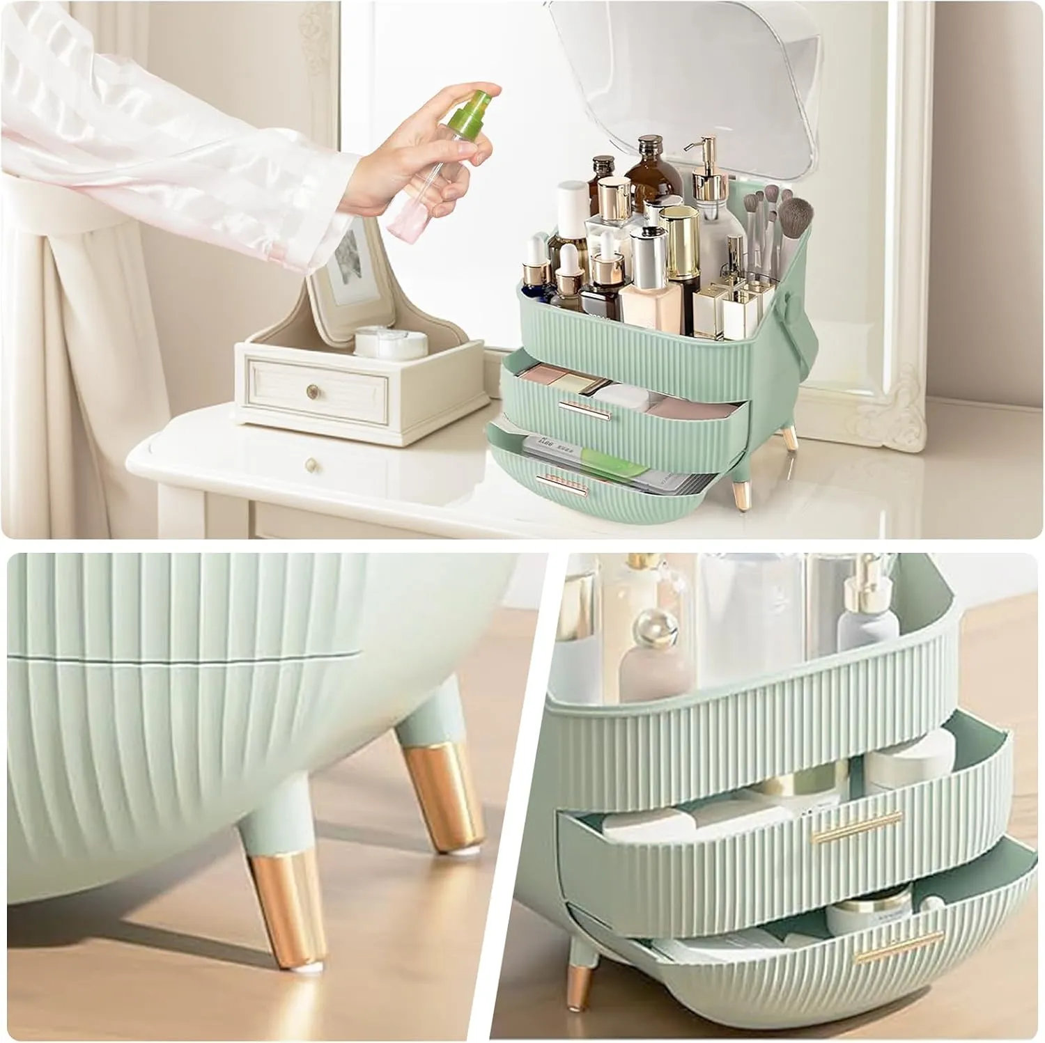RMAN Makeup Organizer for Vanity Make up and Cosmetics Storage with Lid and Drawers Skincare Organizers Display Cases for Countertop Bathroom Dresser(Light Green)