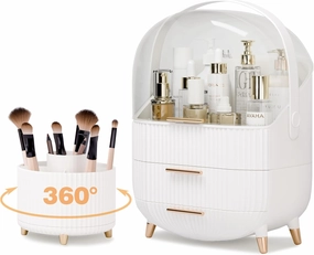 RMAN Makeup Organizer for Vanity Make up and Cosmetics Storage with Lid and Drawers Skincare Organizers Display Cases for Countertop Bathroom Dresser(White With 360 Rotating Brush Holder)
