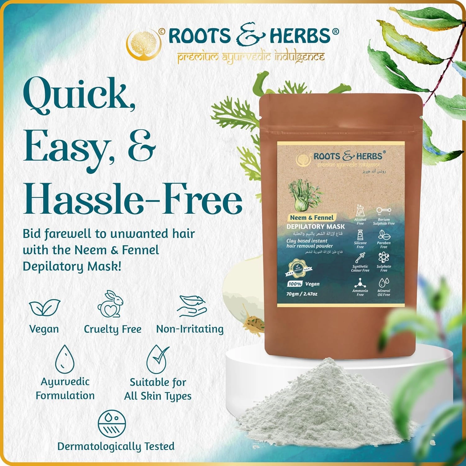 ROOTS AND HERBS Neem and Fennel Depilatory Mask - Vegan Hair Removal for Sensitive Skin: Facial, Pubic, Bikini, Leg - Organic Powder Waxing