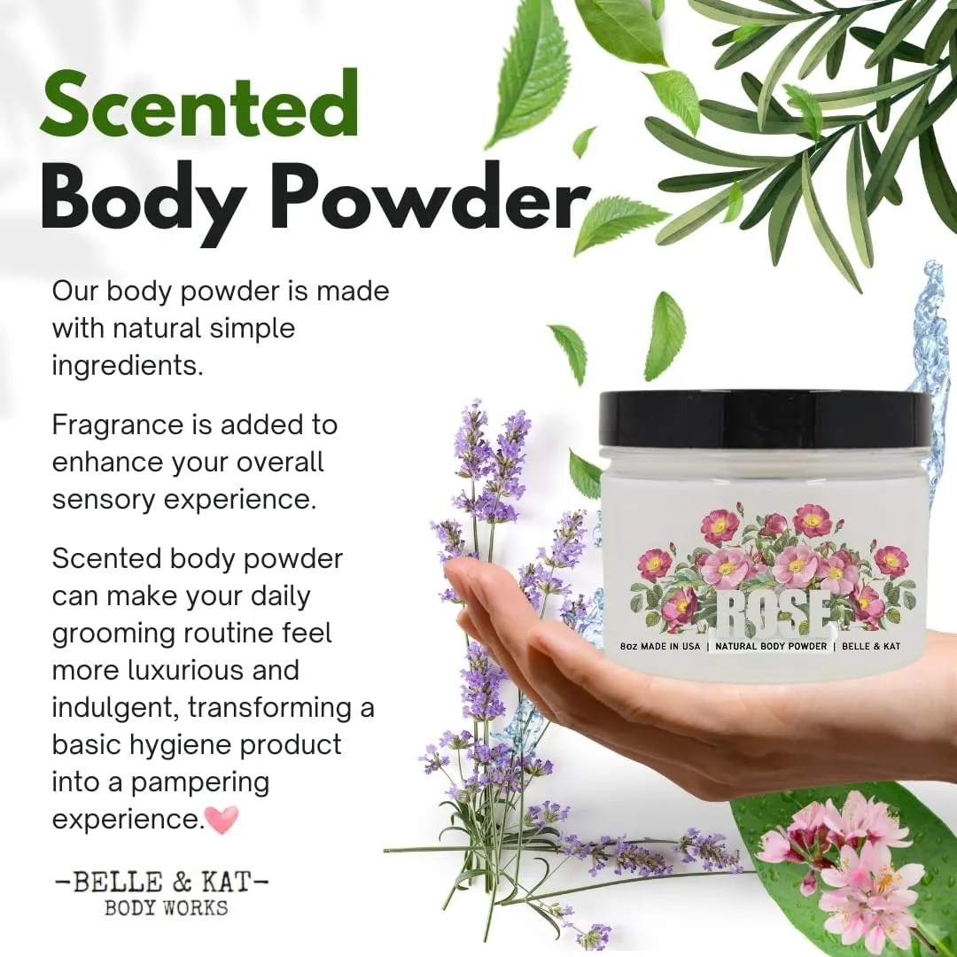 Rose Scented Body Powder for Men & Women, Perfume Dusting Powder, Bath Powder with Fragrance & Essential Oils, Talc Free 8oz Container, Made in USA