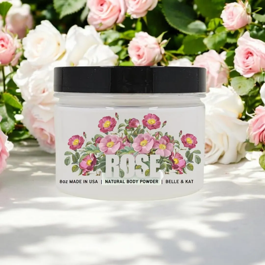 Rose Scented Body Powder for Men & Women, Perfume Dusting Powder, Bath Powder with Fragrance & Essential Oils, Talc Free 8oz Container, Made in USA