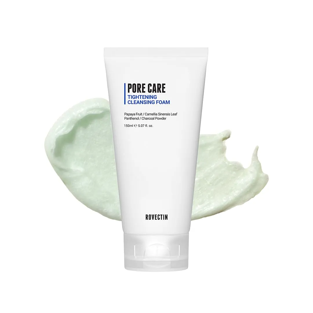 ROVECTIN Pore Tightening Cleansing Foam | Green Papaya, Glycerin, Charcoal Powder, AHA/BHA/PHA for Refining Pore Size, Non-Irritating | Oily, Dull Skin | Vegan (5.07 fl. oz.,150 ml)