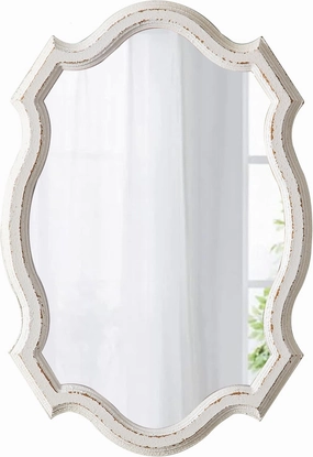 Rustic Scalloped Oval Mirrors for Bathroom 13 X 19 Inch, Distressed White Hanging Vintage Mirror, Farmhouse Wood Frame Gothic Wall Mounted Makeup Mirror for Bedroom Hallway Entryway