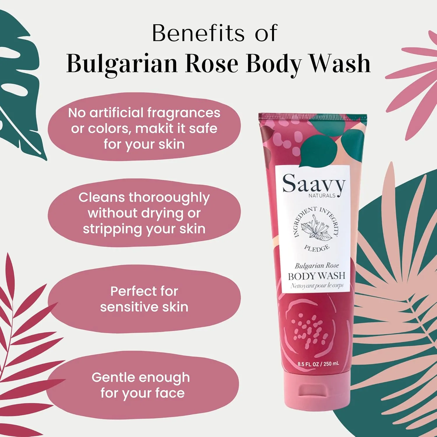 Saavy Naturals Bulgarian Rose Body Wash, Moisturizing Shower Gel for Men & Women, Vegan Formula with Coconut Oil, Shea Butter, and Aloe Vera - 8.5 Fl Oz, 2 Pack Made in the USA