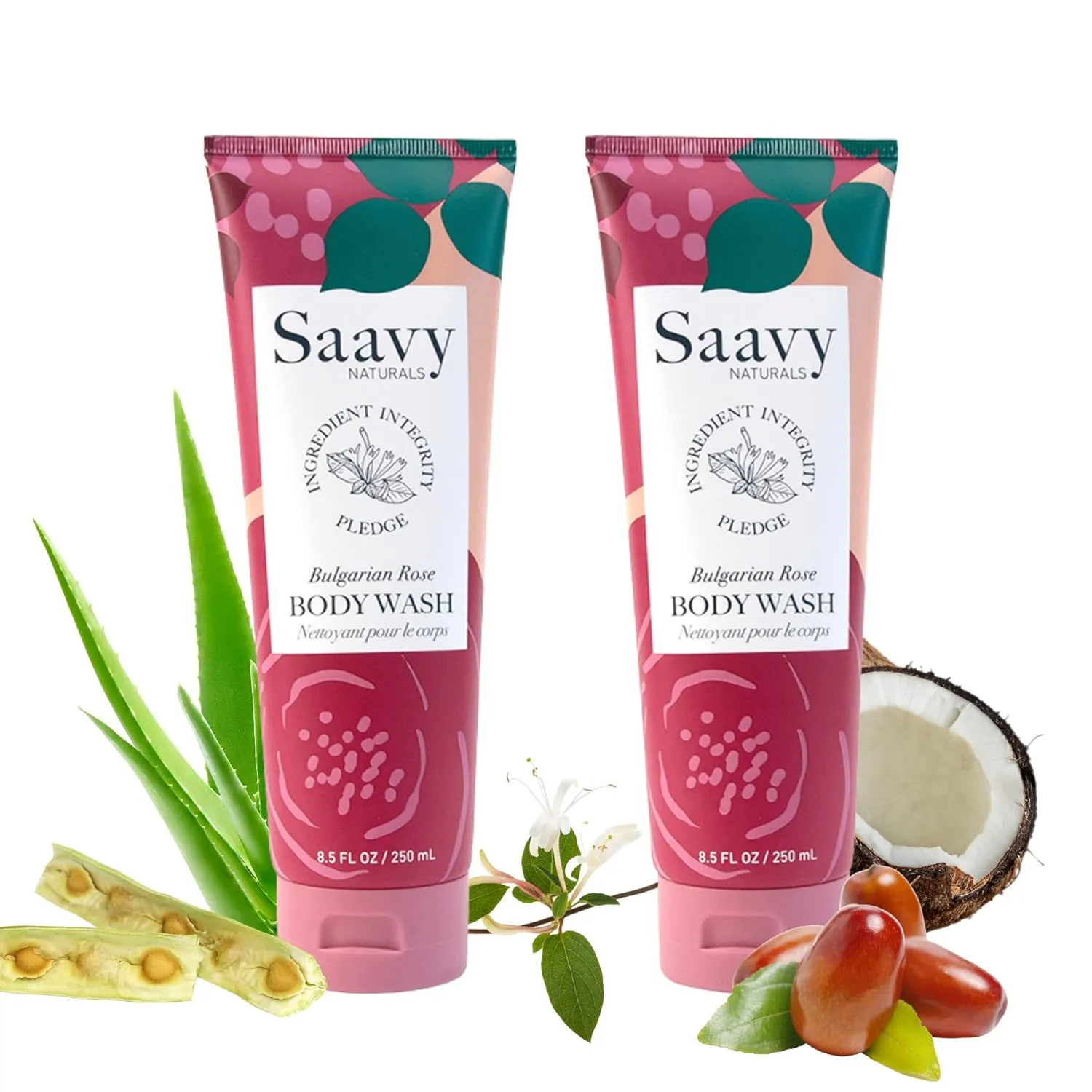 Saavy Naturals Bulgarian Rose Body Wash, Moisturizing Shower Gel for Men & Women, Vegan Formula with Coconut Oil, Shea Butter, and Aloe Vera - 8.5 Fl Oz, 2 Pack Made in the USA