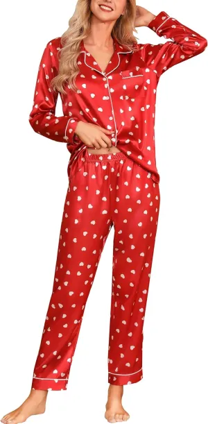 Samring Women's Silk Satin Pajamas Set Long Sleeve Button Down Sleepwear 2 Piece Pjs Lounge Set S-XXL