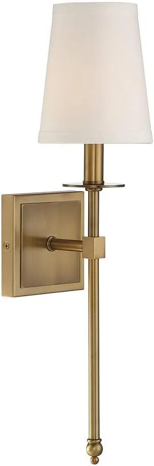 Savoy House 9-302-1-322 Monroe Bohemian Vintage Soft White Fabric Wall Sconce, 1-Light 60 Watt, 20" H x 5" W, Warm Brass