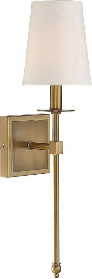 Savoy House 9-302-1-322 Monroe Bohemian Vintage Soft White Fabric Wall Sconce, 1-Light 60 Watt, 20" H x 5" W, Warm Brass