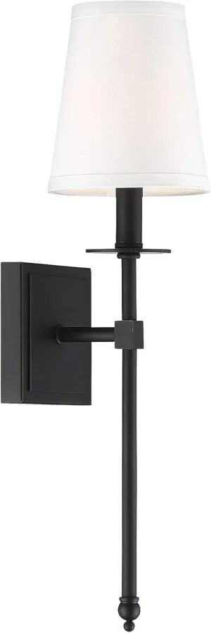 Savoy House 9-302-1-89 Monroe Bohemian Vintage Soft White Fabric Wall Sconce, 1-Light 60 Watt, 20" H x 5" W, Matte Black