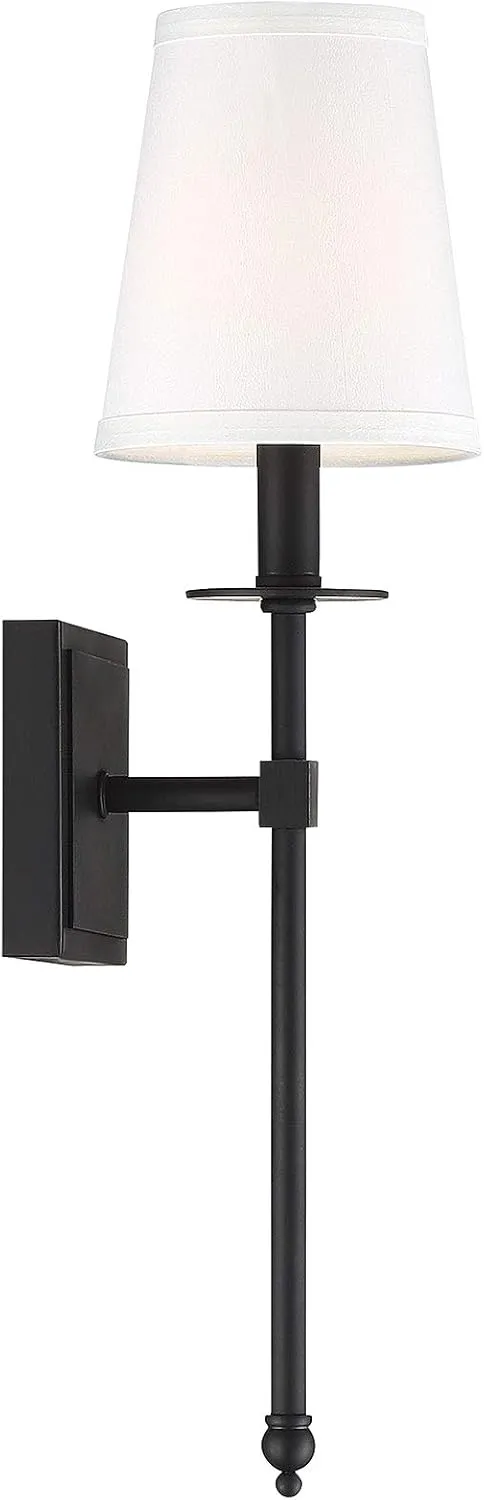 Savoy House 9-302-1-89 Monroe Bohemian Vintage Soft White Fabric Wall Sconce, 1-Light 60 Watt, 20" H x 5" W, Matte Black