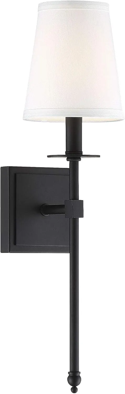 Savoy House 9-302-1-89 Monroe Bohemian Vintage Soft White Fabric Wall Sconce, 1-Light 60 Watt, 20" H x 5" W, Matte Black