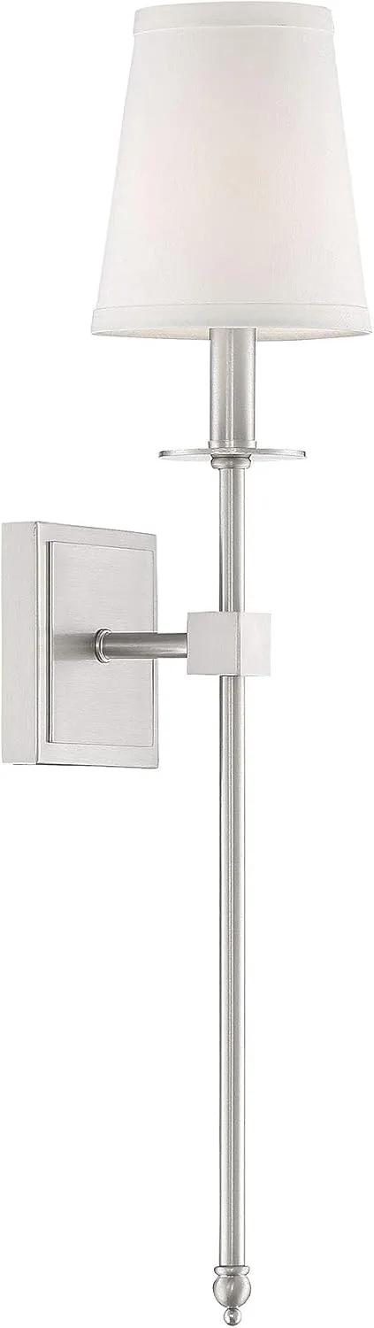 Savoy House 9-303-1-SN Monroe Bohemian Vintage Soft White Fabric Wall Sconce, 1-Light 60 Watt, 24" H x 5" W, Satin Nickel