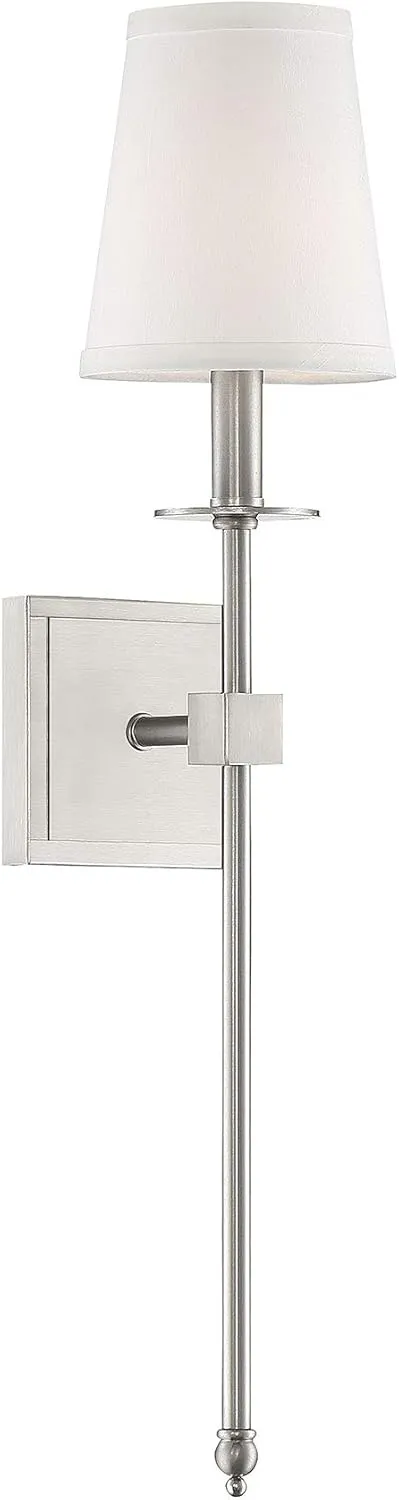 Savoy House 9-303-1-SN Monroe Bohemian Vintage Soft White Fabric Wall Sconce, 1-Light 60 Watt, 24" H x 5" W, Satin Nickel