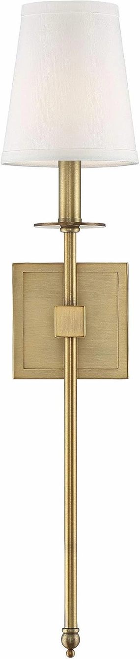 Savoy House 9-303-1-322 Monroe Bohemian Vintage Soft White Fabric Wall Sconce, 1-Light 60 Watt, 24" H x 5" W, Warm Brass