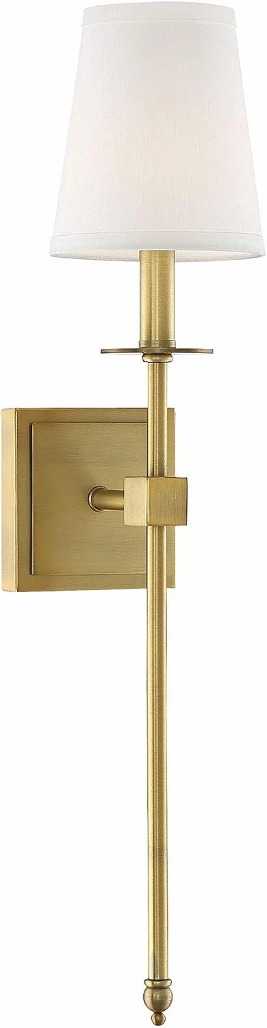Savoy House 9-303-1-322 Monroe Bohemian Vintage Soft White Fabric Wall Sconce, 1-Light 60 Watt, 24" H x 5" W, Warm Brass