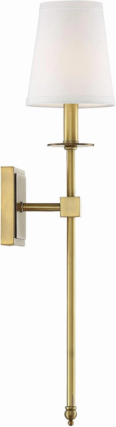 Savoy House 9-303-1-322 Monroe Bohemian Vintage Soft White Fabric Wall Sconce, 1-Light 60 Watt, 24" H x 5" W, Warm Brass