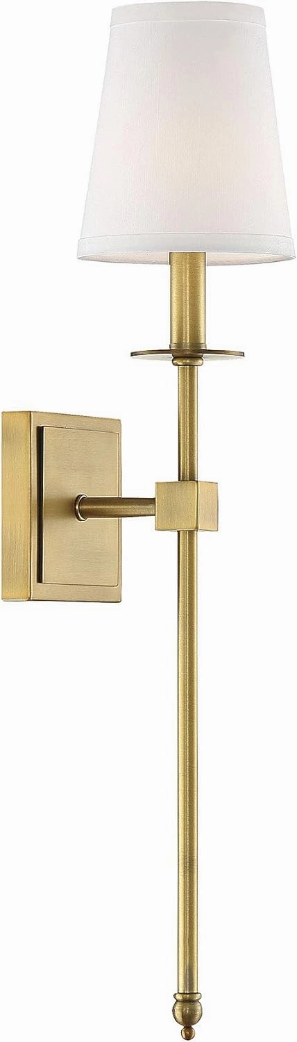 Savoy House 9-303-1-322 Monroe Bohemian Vintage Soft White Fabric Wall Sconce, 1-Light 60 Watt, 24" H x 5" W, Warm Brass