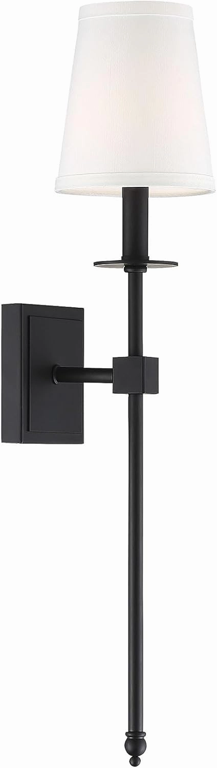 Savoy House 9-303-1-89 Monroe Bohemian Vintage Soft White Fabric Wall Sconce, 1-Light 60 Watt, 24" H x 5" W, Matte Black
