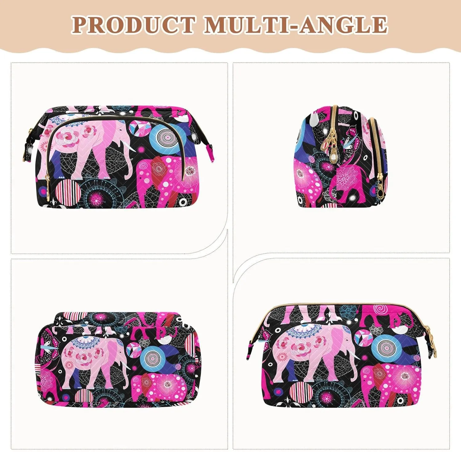 Seamless Bright Pink Elephants Tribal Ethnic Theme on Black Women Cosmetic Bag Makeup Bag Stylish Trip Beauty Bag Travel Toiletry Bag with Bottle Organizer 10.2 x 5.9 x 6.7 inch