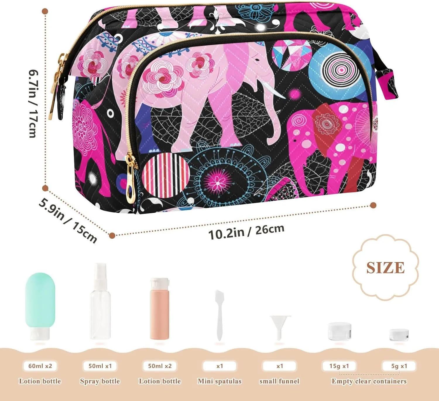 Seamless Bright Pink Elephants Tribal Ethnic Theme on Black Women Cosmetic Bag Makeup Bag Stylish Trip Beauty Bag Travel Toiletry Bag with Bottle Organizer 10.2 x 5.9 x 6.7 inch