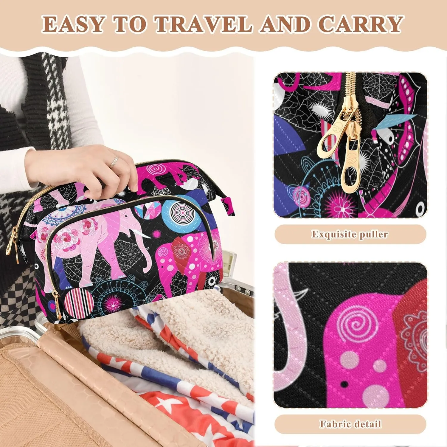 Seamless Bright Pink Elephants Tribal Ethnic Theme on Black Women Cosmetic Bag Makeup Bag Stylish Trip Beauty Bag Travel Toiletry Bag with Bottle Organizer 10.2 x 5.9 x 6.7 inch