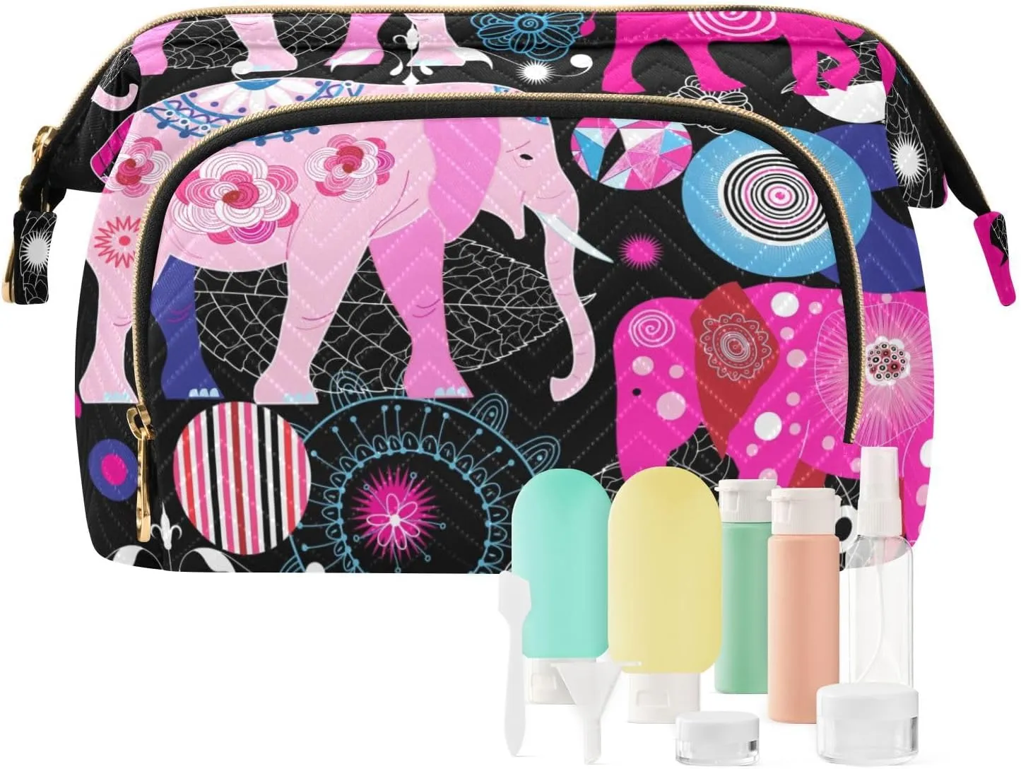 Seamless Bright Pink Elephants Tribal Ethnic Theme on Black Women Cosmetic Bag Makeup Bag Stylish Trip Beauty Bag Travel Toiletry Bag with Bottle Organizer 10.2 x 5.9 x 6.7 inch