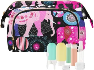 Seamless Bright Pink Elephants Tribal Ethnic Theme on Black Women Cosmetic Bag Makeup Bag Stylish Trip Beauty Bag Travel Toiletry Bag with Bottle Organizer 10.2 x 5.9 x 6.7 inch